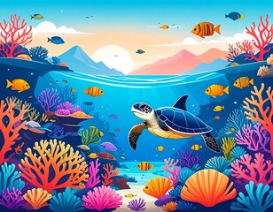 Fototapeta premium colorful super wide underwater coral reef panorama banner background 