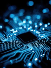 Blue Illuminated Circuit Board with Central Processor Chip