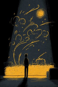 Flat design poster, Frozen in memory: a child surrounded by war under a glowing sky of trauma