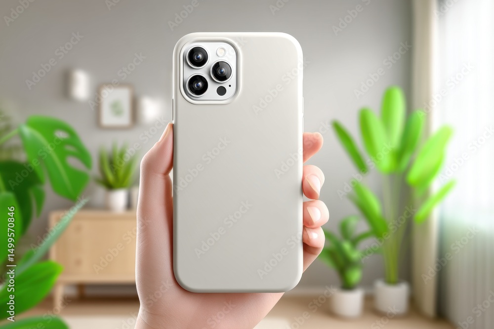 Poster holding a mobile phone in a white case, demonstrating minimalist design and advanced camera technolo