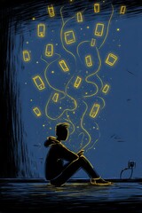 Flat illustration poster, Plugged into loneliness: glowing thoughts in a dark room
