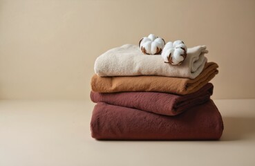 Pile of soft cotton bedding in warm neutral colors. Stacked blankets with cotton flowers for home decor. Cozy bed linen, comfortable sleep. Soft bedclothes in calm environment. Bedroom design element
