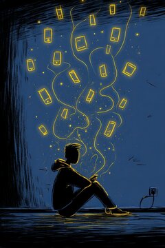 Flat illustration poster, Plugged into loneliness: glowing thoughts in a dark room