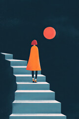 Flat vector illustration, person climbing stairs from darkness to light, Colorful Climb: Steps Toward Mental Healing and Joy