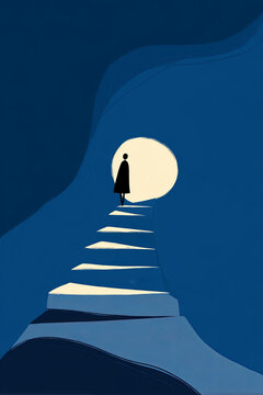 Flat vector illustration, person climbing stairs from darkness to light, Path Through the Night: A Walk Toward Hope and Emotional Clarity