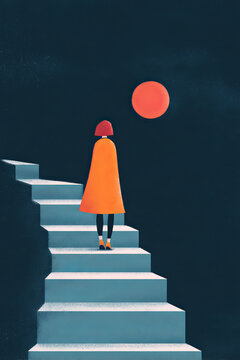 Flat vector illustration, person climbing stairs from darkness to light, Colorful Climb: Steps Toward Mental Healing and Joy