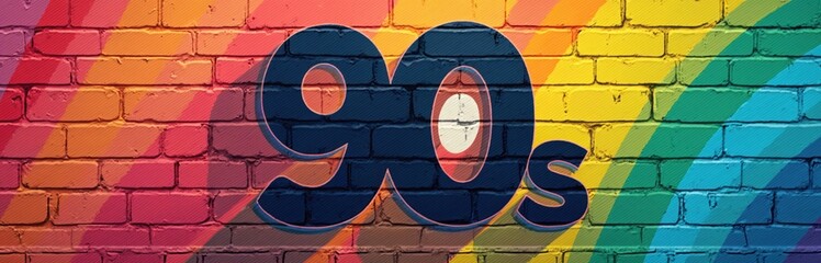 Colorful retro nineties banner on brick wall. 90s era music party or disco background. Rainbow colors, bright abstract design, graffiti street art. Nostalgia, clubbing concept.