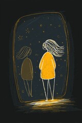 Flat vector illustration poster, Looking at my darker self — the quiet dialogue of inner identity