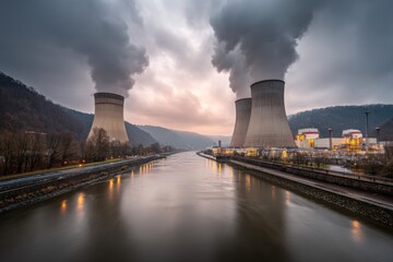 Industrial landscape featuring a nuclear power plant with cooling towers and river, set against a dramatic sky, conveying energy production and technological infrastructure.