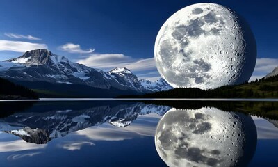 Majestic full moon rises over a calm forest lake with clear reflection, peaceful forest edge, and dreamy twilight sky. - Powered by Adobe