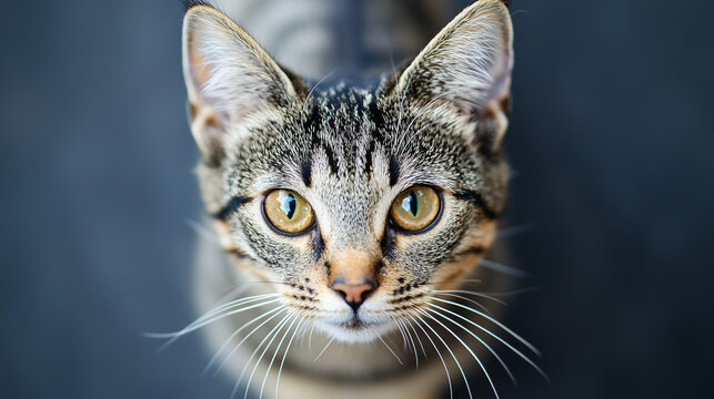 Close up Portrait of Adorable Tabby Cat with Striking Yellow Eyes Domestic Pet