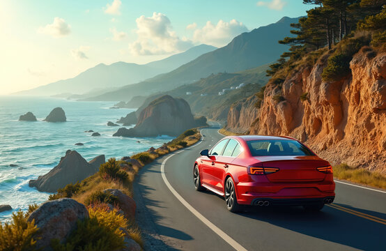 Red sedan car drives along winding coastal road with ocean views on sunny day. Scenic road trip, travel adventure. Journey along highway near coastline. Vacation, exploration, tourism.