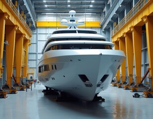 Modern luxury yacht under construction in shipyard. Bright lighting, clean floor show construction process. Naval architecture, industrial manufacturing process. Building premium leisure boats.