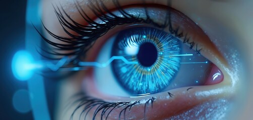 Futuristic close-up blue eye with digital data streams passing through iris. Visual technology symbols represent cyberspace. Eye reflects modern concept artificial intelligence, machine learning