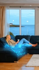 Blonde Woman Relaxing on Sectional Sofa with Ocean View