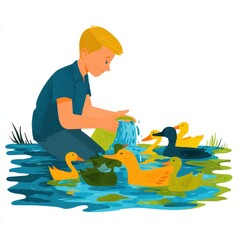 Boy Pouring Water for Ducks in a Colorful Pond Illustration