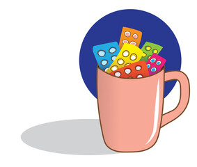 Pink mug overflowing with colorful blister packs of pills