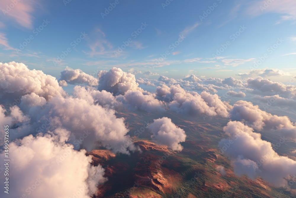 Aufkleber breathtaking aerial view of fluffy clouds floating above a textured landscape with hints of forests 