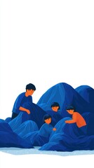 Children Exploring Blue Rocks in Pixel Art Illustration