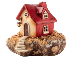 Charming miniature house with red roof, nestled textured base resembling rock. This decorative piece is perfect for fairy gardens or as unique shelf ornament, adding whimsical touch to any space