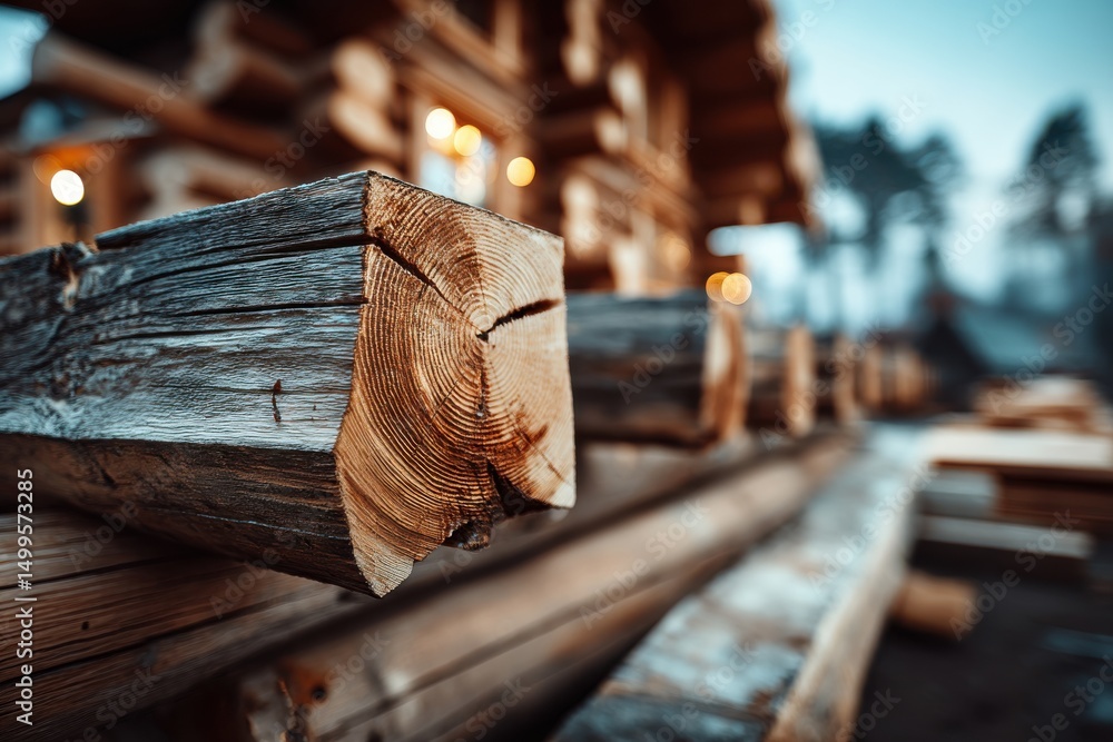 Poster close-up of textured wooden beam with visible rings in a log cabin construction site, showing the cr