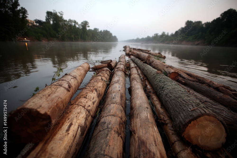 Poster logs float down the river in early morning light through a serene landscape, creating a calm and pic