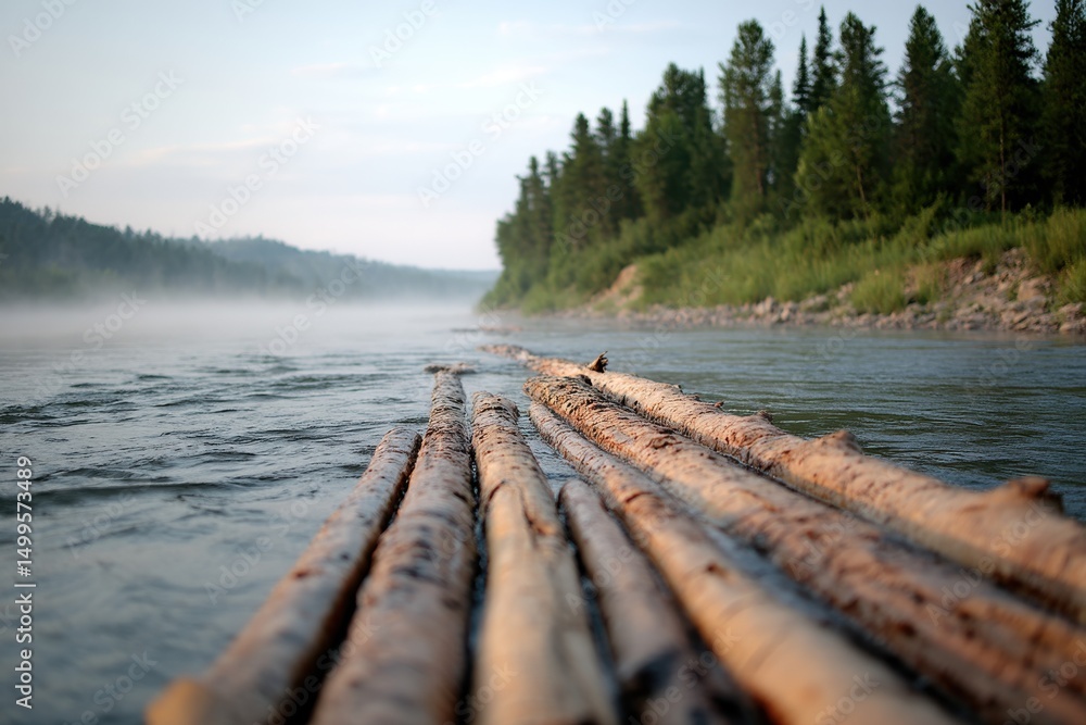 Aufkleber a tranquil scene of a misty river flowing through a forest, with logs in the foreground, creating a 