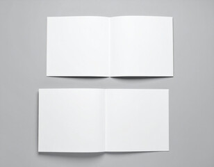 Blank brochures grey background, top view, ideal for design mockups and presentations, showcasing versatility and simplicity