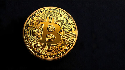 Close-up of a golden bitcoin coin.