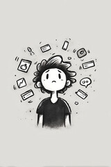 Child under pressure of media and apps, hand-drawn ADHD awareness illustration