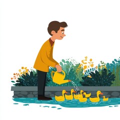Man in Yellow Jacket Waters Plants Near Yellow Rubber Ducks