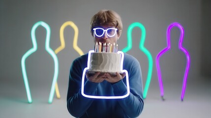 Man Blowing Out Birthday Cake Candles with Neon Figures