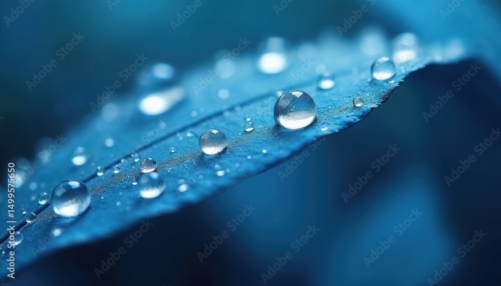 Poster close-up image of water droplets on blue leaf. drops of dew create refreshing macro photo. nature ba