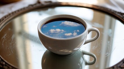 Cup of coffee reflecting a blue sky with clouds on mirrored tray