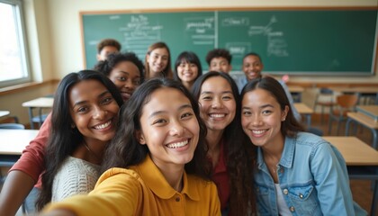 Fototapeta premium Diverse group high school students taking selfie in classroom. Happy multiethnic teens smile, enjoy time together. Friendship, education, learning concept. Back to school. Student portrait, learning,