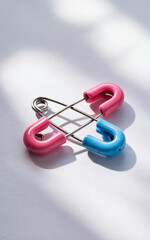 Fototapeta premium Two Colorful Safety Pins Crossed on White Background Illuminated by Sunlight