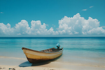 A tranquil seascape featuring a small boat on a sandy beach.