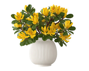 Beautiful arrangement of vibrant yellow flowers in white ribbed vase, showcasing lively and cheerful atmosphere. flowers are complemented by lush green leaves, creating fresh and inviting look