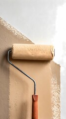 Obraz premium Renovation process in apartment with paint roller applying beige color to wall surface