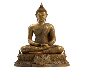 Serene golden Buddha statue, intricately designed with detailed patterns, sits gracefully meditative pose. craftsmanship highlights spiritual essence and cultural significance of this iconic
