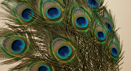 Obraz premium Detailed close-up of vibrant peacock feathers, showcasing intricate patterns and iridescent colors