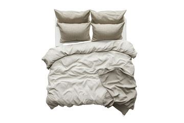 Overhead view of a neatly made bed with a beige duvet cover and matching pillowcases, exhibiting a slightly rumpled aesthetic