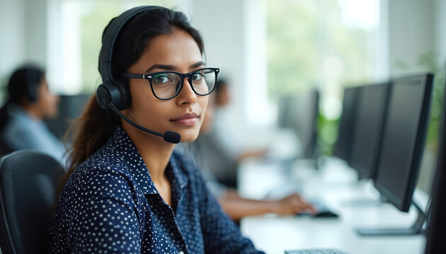 Indian call center assistant wearing headset, glasses. Woman employee consulting clients, working in customer service. Office environment, tech support. Client interaction, solution. Customer care,