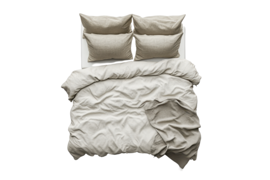 Overhead view of a neatly made bed with a beige duvet cover and matching pillowcases, exhibiting a slightly rumpled aesthetic