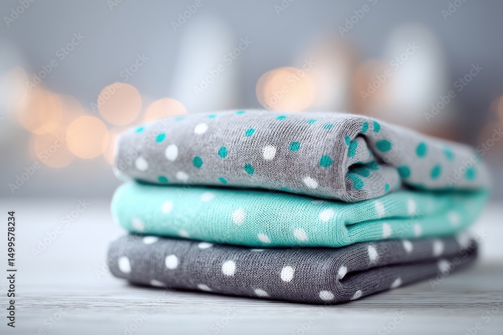 Poster a neatly folded stack of polka dot socks on a white wooden surface, creating a soft and cozy aesthet