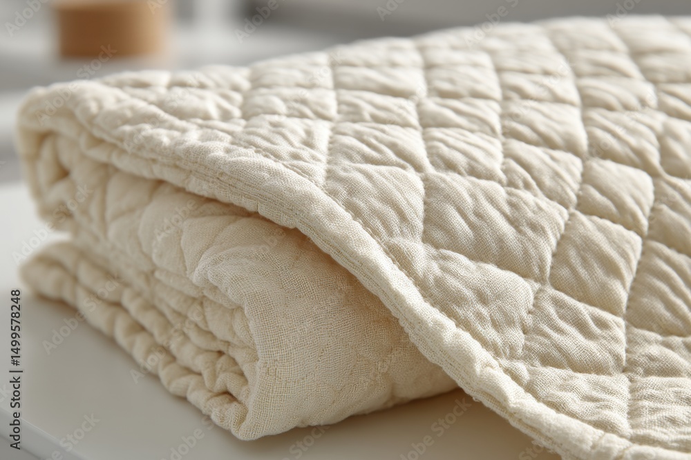 Aufkleber close-up of a neatly folded, soft, quilted blanket in a neutral tone, showcasing its texture and pat