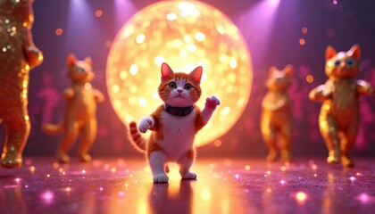 Cute cat dances on disco dance floor. Night club atmosphere. Cat cartoon character smiles, enjoying party. Glowing sphere backlight. Fun concept design for print, poster, card, web design.