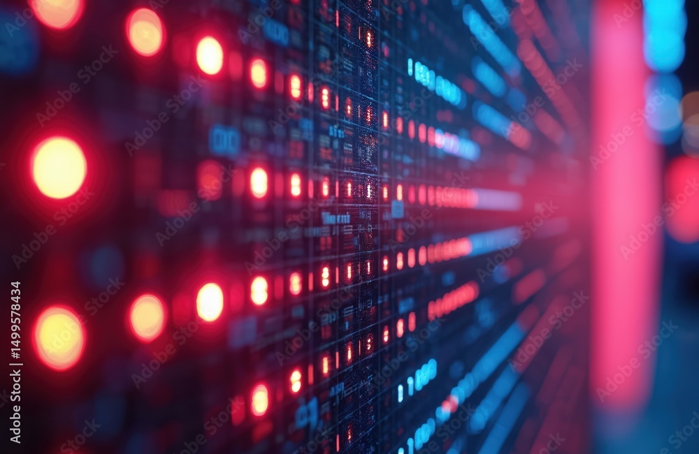 Poster abstract digital binary code on screen. red and blue glowing bokeh lights illuminate complex tech da
