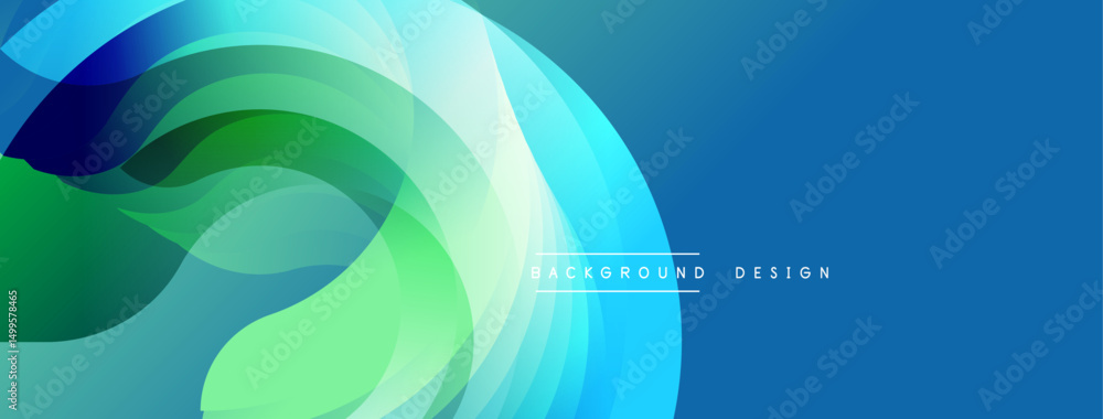 Poster abstract flowing layers, vibrant blues, greens. modern design creates dynamic visual effect. smooth 