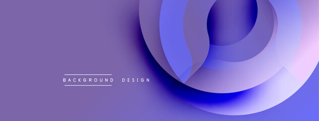 Abstract purple layers create flowing shapes. Modern design elements suggest depth, movement, visual harmony. Background features text labels.